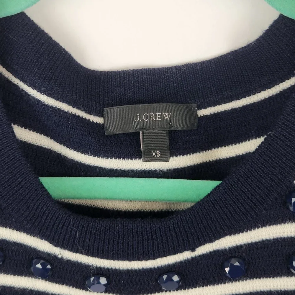 J. Crew 100% Merino Wool Navy White Stripes Embellished Crewneck Sweater sz XS